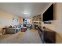 Cozy living room featuring a stone fireplace and comfortable seating area at 13393 E Asbury Dr # 103, Aurora, CO 80014