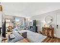 Bright living room featuring modern furnishings, wood flooring, and balcony access with curtains at 2835 S Monaco Pkwy # 1-103, Denver, CO 80222