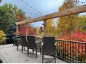 Gorgeous covered back deck with seating and fall foliage views is the perfect place for entertaining or a quiet evening at 20460 Oakbrook Ln, Parker, CO 80138
