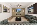 Inviting living room featuring a cozy fireplace, stylish decor, and a comfortable seating arrangement at 25127 E Maple Ave, Aurora, CO 80018