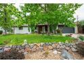 Landscaped front yard with a stone wall, vibrant greenery, and a painted white brick home at 3125 Xenon St, Wheat Ridge, CO 80215