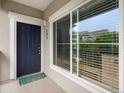 Charming front entrance with a navy blue door and green welcome mat at 1801 S Dunkirk St # 205, Aurora, CO 80017