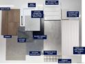 Design selections featuring various kitchen backsplash tiles, wood flooring, carpets, and cabinet samples at 318 Welded Tuff Trl, Castle Rock, CO 80104