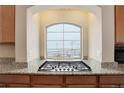 This kitchen features granite countertops and modern stovetop under the arched window at 1060 Arrowhead Ct, Erie, CO 80516