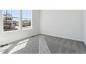 Bright bedroom featuring neutral carpet, white walls, and a window showcasing the neighborhood at 9141 Telluride Ct, Commerce City, CO 80022