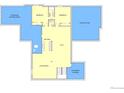 Basement floorplan featuring bedrooms, bathrooms, wet bar, play area, living room, and unfinished storage and unexcavated spaces at 5286 Flora Way, Golden, CO 80004