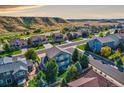 Panoramic aerial view of a residential neighborhood with well-maintained homes and lush landscaping at 3779 Aspen Hollow Ct, Castle Rock, CO 80104