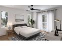 Bright main bedroom with modern furnishings, ceiling fan, and access to balcony at 2453 Julian St, Denver, CO 80211