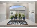 Modern kitchen cooktop with quartz counters, view of the backyard, and beautiful tile backsplash at 20503 E 50Th Pl, Denver, CO 80249