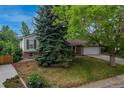 Landscaped front yard featuring mature trees, green lawn, and charming home at 117 Sandler Dr, Lafayette, CO 80026