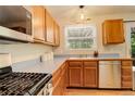 Functional kitchen with stainless steel appliances, light wood cabinets, and ample counter space at 12671 Meadow Bridge Way, Parker, CO 80134