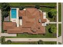 An aerial view showcases the layout of the home, its patio, pool, and manicured landscaping at 343 S Gaylord St, Denver, CO 80209