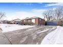 Front view of a brick home with a driveway, snowy lawn, and a detached garage at 1381 Mariposa Dr, Denver, CO 80221