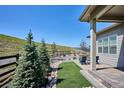 Inviting backyard features mature trees, artificial turf, gravel, and views of the surrounding green hills and blue skies at 547 Scrubjay Cir, Castle Rock, CO 80104