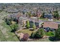 Aerial view of a spacious backyard with a wooden fence, mature trees, and a well-manicured lawn in a residential area at 22021 Pebble Brook Ln, Parker, CO 80138
