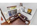 Bright living room featuring high ceilings, stylish décor, and hardwood flooring at 21005 Glacier Park Cv, Parker, CO 80138