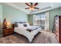 Bright main bedroom featuring a tray ceiling, plush carpet, and a large window with light curtains at 2649 Westgate Ave, Highlands Ranch, CO 80126