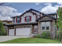 Charming two-story home featuring a stone facade, three-car garage, and striking red shutters at 24556 E Ottawa Ave, Aurora, CO 80016