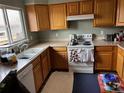Bright kitchen featuring wood cabinets, laminate countertops, and a double basin sink under a window at 15690 E Mexico Ave, Aurora, CO 80017