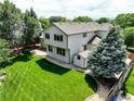 Aerial view of backyard featuring a spacious lawn, patio, and mature trees at 14910 Williams St, Thornton, CO 80602