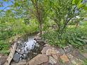Backyard pond with lush vegetation and rocks for a tranquil scenery at 9236 W Euclid Ave, Littleton, CO 80123