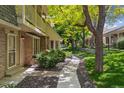 Well-manicured townhouse exterior featuring a stone pathway and mature landscaping at 7589 S Cove Cir, Centennial, CO 80122