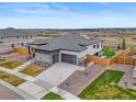 Beautiful exterior showcases modern architecture, a three car garage, and a manicured lawn at 14341 Beebalm Loop, Parker, CO 80134