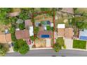 Aerial view of the property showing its backyard, solar panels, lawn and surrounding neighborhood at 1261 Eagle St, Aurora, CO 80011