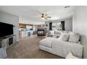 Open-concept living room with a fireplace, neutral tones, and seamless flow to the kitchen at 5786 Raleigh Cir, Castle Rock, CO 80104