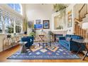 Inviting living room with high ceilings, fireplace, large windows, and stylish blue furniture at 18489 E Columbia Cir, Aurora, CO 80013