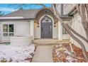 Elegant front entrance with arched doorway, columns, and landscaping at 44 Spyglass Dr, Littleton, CO 80123