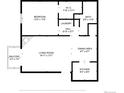 Detailed floorplan showcasing layout with living room, balcony, bedroom, kitchen, and bath at 4400 S Quebec St # 105K, Denver, CO 80237