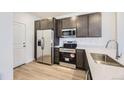 Modern kitchen featuring stainless steel appliances, gray cabinets, and sleek countertops at 1974 S Haleyville Way, Aurora, CO 80018