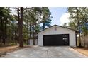 Detached garage with black garage door and white siding, nestled among trees at 14546 Pine View Rd, Larkspur, CO 80118