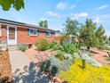 Brick home featuring a beautifully landscaped front yard with colorful flowers and mature trees at 4163 S Decatur St, Englewood, CO 80110