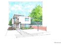 Architectural sketch of a modern home featuring clean lines, two-tone design, and landscaped front yard at 1491 S York St, Denver, CO 80210