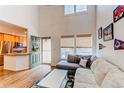 Bright living room featuring high ceilings, a cozy sofa, and large windows for natural light and fresh air at 546 Lost Valley Pt, Castle Rock, CO 80108