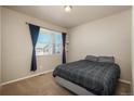 Comfortable bedroom featuring a queen-size bed, plush carpet, and a bright window with blue curtains at 6434 N Ensenada Ct, Aurora, CO 80019