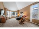 Cozy living room featuring vaulted ceilings, plush carpeting, and large windows at 14335 W Wesley Cir, Lakewood, CO 80228