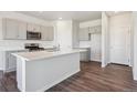 A bright kitchen featuring stainless steel appliances, gray cabinets, and a spacious countertop at 2169 Flower Blossom Ave, Brighton, CO 80601