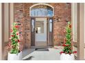 Elegant brick entryway with a large arched window above the front door, framed by decorative planters at 534 Stonemont Dr, Castle Pines, CO 80108
