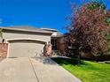 Attractive single-Gathering home with a two-car garage, brick accents, and mature trees on the property at 1033 Bramblewood Dr, Castle Pines, CO 80108