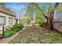Large backyard featuring mature trees and ample space for gardening or recreation at 4151 Zenobia St, Denver, CO 80212