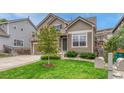 Lovely home has a vibrant green lawn, a mature tree, and pleasing landscaping at 4214 Kestrel Pl, Castle Rock, CO 80109