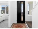 Inviting entryway with a black door, patterned rug, and views into a bright bedroom at 8711 E Hampden Ave # 20, Denver, CO 80231