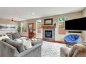 Inviting living room boasts a fireplace, lots of natural light, and contemporary furnishings at 3058 Bergen Point Trl, Evergreen, CO 80439