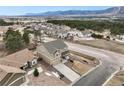 Expansive aerial view of a neighborhood showcasing the home's location and surrounding mountain views at 19703 Serenity Springs Pt, Monument, CO 80132