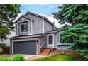 Beautiful home featuring gray siding, brick details, and a cozy front entrance with steps and landscaping at 10172 Woodrose Ln, Highlands Ranch, CO 80129