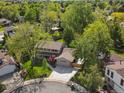 Aerial view of a neighborhood featuring mature trees, houses with lawns, and a cul-de-sac at 4175 S Sidney Ct, Denver, CO 80237