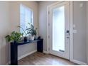Bright foyer with a frosted glass door, modern console table, and lovely natural light at 6682 Osage St, Denver, CO 80221